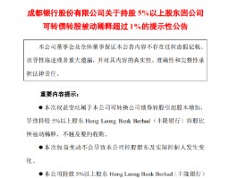 成都银行：发布关于持股5%以上股东因公司可转债转股被动稀释超过1%的提示性公告